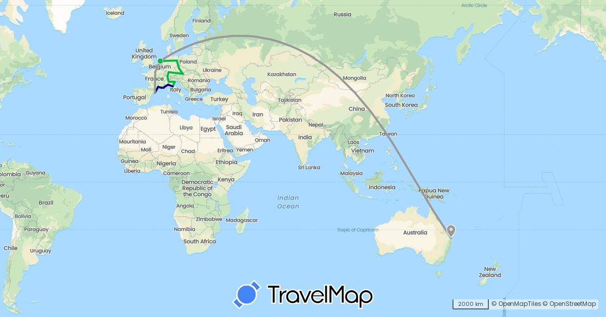 TravelMap itinerary: driving, bus, plane in Austria, Australia, Switzerland, Czech Republic, Germany, Spain, France, Italy, Monaco, Netherlands (Europe, Oceania)